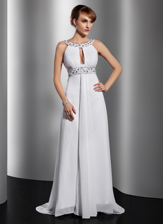 Avondjurken A-Lijn/Prinses Ronde Hals Lange Sleep Chiffon Avondjurk met Roes Kraal Lovertjes (017014814)