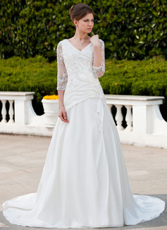 Robe de Mariée Ligne-A/Princesse Col V Traîne Chapelle Satin Tulle Robe de Mariée avec Ondulé Dentelle Perlé (002011625)