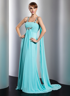 Avondjurken Keizer Vierkant Neklijn Watteau Sleep Chiffon Avondjurk met Roes Kraal (017014806)