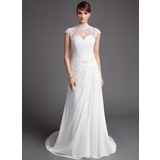 Coupe droite Col montant Traine courte Mousseline Tulle Robe de Mariée avec Ondulé Dentelle Perlé (002012176)