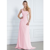 Zeemeermin Een-Schouder Korte Sleep Chiffon Avondjurk met Roes Kraal (017013090)