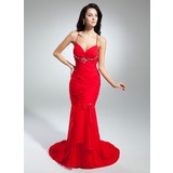 Zeemeermin V-nek Lange Sleep Chiffon Avondjurk met Roes Kraal (017014897)