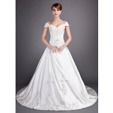bal Hors épaule Traîne Chapelle Satin Tulle Robe de Mariée avec Broderie Perlé Pailleté (002012813)