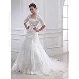 Empire Sans bretelles Traîne Chapelle Satin Tulle Robe de Mariée avec Dentelle Perlé (002011990)