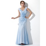 Sirene Col V Longeur au sol Mousseline Pailleté Robe de Bal de Promo avec Brodé Fleurs (018024292)