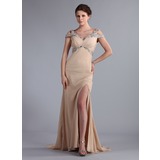 Gaine Hors épaule Traine longue Mousseline Robe de Soirée avec Perles (017022796)