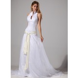 Ligne-A/Princesse Bretelles autour du cou Traine courte Organza Satin Robe de Mariée avec Echarpes (002004777)