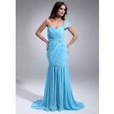 Zeemeermin Een-Schouder Lange Sleep Chiffon Avondjurk met Roes Kristal Bloemen Pin (017020687)