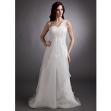 Empire Une epaule Traine courte Organza Robe de Mariée avec Ondulé Perlé (002012637)