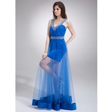 Gaine Col V Longeur au sol Tulle Robe de Bal de Promo avec Ondulé Brodé (018021108)