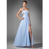 Ligne-A/Princesse Une epaule Longeur au sol Mousseline Robe de Bal de Promo avec Ondulé Brodé Pailleté (018005108)
