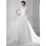 bal Col montant Traîne Chapelle Satin Tulle Robe de Mariée avec Ondulé Dentelle Perlé (002015462)
