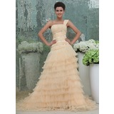 bal Une epaule Traîne Chapelle Mousseline Tulle Robe de Bal de Promo avec Ondulé Dentelle Brodé (018017391)