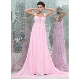 Keizer Vierkant Neklijn Watteau Sleep Chiffon Avondjurk met Roes Kant (017017403)