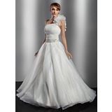 bal Une epaule Longeur au sol Organza Robe de Mariée avec Ondulé Perlé Fleurs Sequins (002014776)