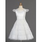 A-Line/Princess Scoop Neck Tea-Length Organza Charmeuse Flower Girl Dress With Beading Flower(s) (010014660)