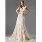 Ligne-A/Princesse Col V Traîne Chapelle Organza Satin lacet Robe de Mariée avec Perlé (002000249)