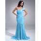 Zeemeermin Een-Schouder Lange Sleep Chiffon Avondjurk met Roes Kristal Bloemen Pin (017020687)