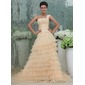 bal Une epaule Traîne Chapelle Mousseline Tulle Robe de Bal de Promo avec Ondulé Dentelle Brodé (018017391)