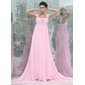 Keizer Vierkant Neklijn Watteau Sleep Chiffon Avondjurk met Roes Kant (017017403)