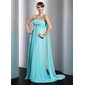 Keizer Vierkant Neklijn Watteau Sleep Chiffon Avondjurk met Roes Kraal (017014806)